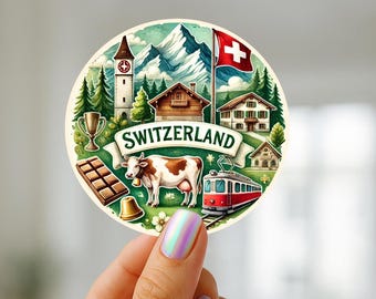 Switzerland Travel Sticker: Swiss Alps Vintage Art Decal Watercolor Souvenir – Laptop & Water Bottle Decal