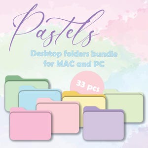 May include: A set of 33 pastel colored desktop folder icons for Mac and PC. The icons are in various shades of pink, blue, green, and yellow.