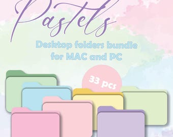 May include: A set of 33 pastel colored desktop folder icons for Mac and PC. The icons are in various shades of pink, blue, green, and yellow.