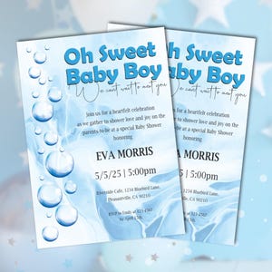Baby Shower Invitation Card / Oh Sweet Baby Boy / Elegante tema marmo blu e bolle / Modello modificabile / Download digitale