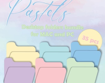 May include: A set of 35 pastel colored desktop folder icons for Mac and PC. The icons are in various shades of yellow, blue, purple, pink, and green.
