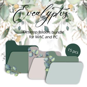 Pode incluir: Um conjunto de 15 ícones digitais de pastas de desktop com um design de eucalipto em aquarela. As pastas são em tons de verde, cinza e branco. O texto "Eucalyptus" está escrito em itálico na parte superior da imagem. O texto "Pacote de pastas de desktop para MAC e PC" está escrito abaixo do design de eucalipto. O texto "15 peças" está escrito em um círculo no canto superior direito da imagem.