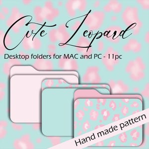 Könnte beinhalten: Drei Desktop-Ordner-Symbole mit einem rosa und blauen Leopardenmuster. Der Text "Cute Leopard" und "Desktop folders for MAC and PC - 11pc" befindet sich oben im Bild. Der Text "Hand made pattern" befindet sich unten im Bild.