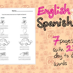 English to Spanish translations for Kinder and First Grade Downloadable PDF worksheets