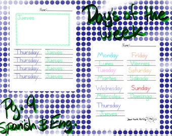 Spanish and English Translation Days of the week downloadable PDF Worksheets