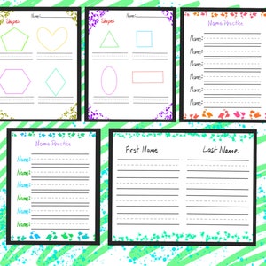 Puede incluir: Cuatro hojas de trabajo imprimibles para que los niños practiquen la escritura de su nombre y el trazado de formas. Las hojas de trabajo tienen un borde colorido con un efecto brillante. Las formas incluyen un corazón, un triángulo, un cuadrado, un óvalo, un pentágono y un diamante.