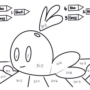 May include: A black and white line drawing of a cartoon creature with a large head and a small body. The creature has two large eyes and a small mouth. The drawing is divided into sections with numbers and addition problems written inside each section. The numbers 4, 10, 6, 3, 2 are written in boxes with the words "Blue", "Grey", and "Black" next to them.