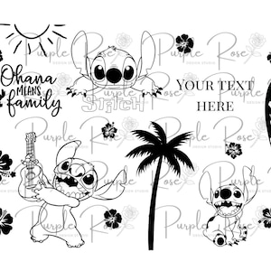 May include: Black and white illustration featuring Stitch characters, a surfboard, a palm tree, and hibiscus flowers. Text includes "Ohana means family" and "Stitch". There is space for custom text.