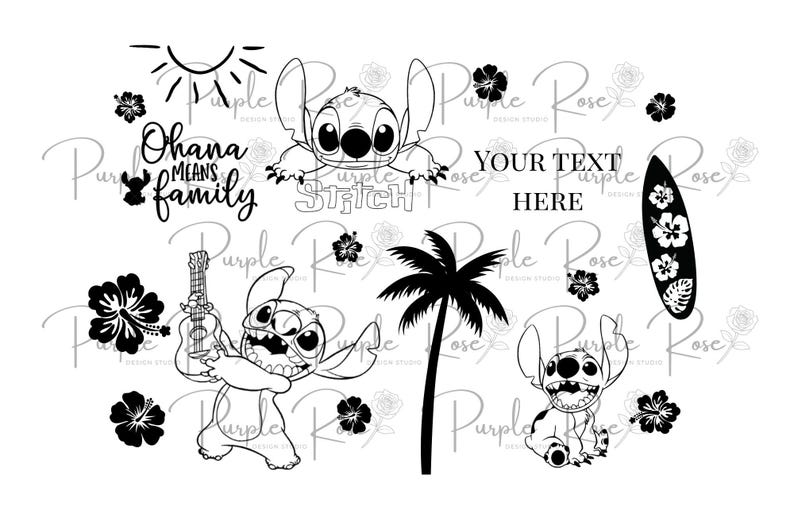 May include: Black and white illustration featuring Stitch characters, a surfboard, a palm tree, and hibiscus flowers. Text includes "Ohana means family" and "Stitch". There is space for custom text.