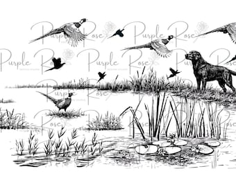 Pheasant & Dog in pond Tumbler Wrap PNG for Laser Engraving