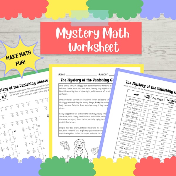 Math Worksheet, Fraction Practice, Math Mystery for Teachers and Students