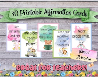 May include: Thirty printable affirmation cards with watercolor backgrounds and cute animal illustrations. The cards feature positive affirmations such as "I am a good team player" and "I make people smile".