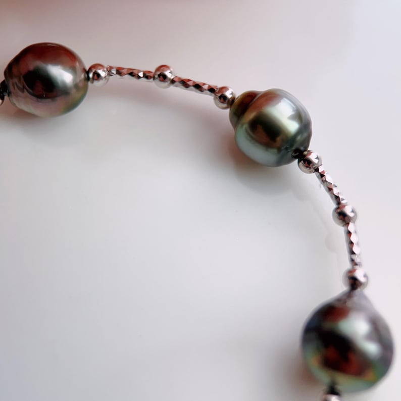 Zwarte armband en ketting met tahitiparel, 925 zilveren sieradenset met echte barokke zoutwaterparels afbeelding 3