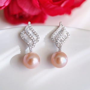 AAAA Natural Pearl Dangle Earrings, Freshwater Pearl Drop Earrings, Sterling Silver Leaf Earrings, Champagne Color Pearl in 8.5mm