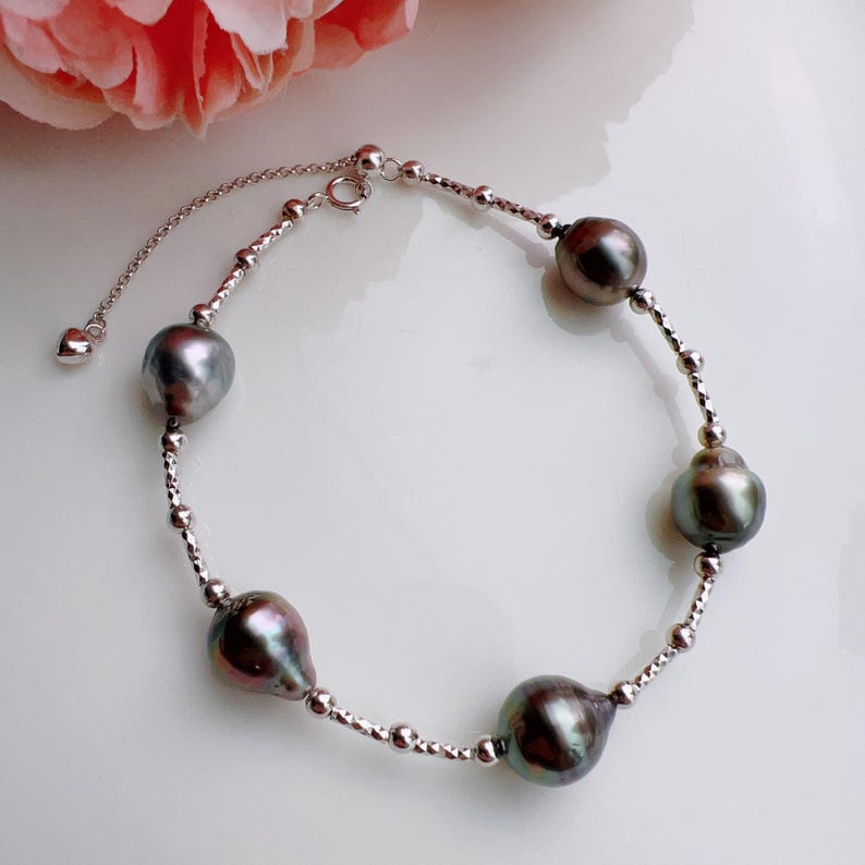 Zwarte armband en ketting met tahitiparel, 925 zilveren sieradenset met echte barokke zoutwaterparels Bracelet