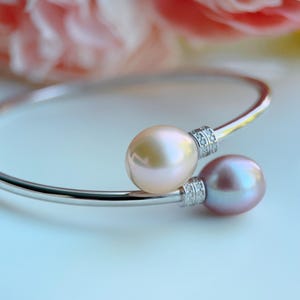 925 Sterling Silver Bangle Bracelet, Freshwater Pearl Adjustable Bangle, Real Pearl Bracelet, Natural Purple Teardrop Pearl Jewelry