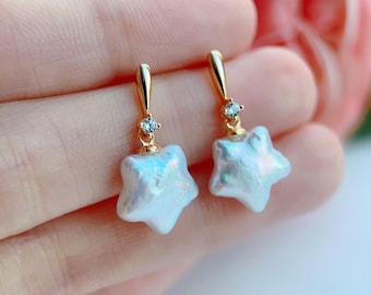 Orecchini pendenti con perle vere a forma di stella, perle barocche d'acqua dolce, orecchini in argento sterling 925, colore naturale