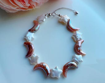 Armband met echte maan en sterparel, barokke zoetwaterparels, verstelbare armband 925 sterlingzilver