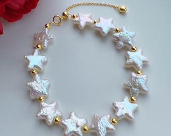 Parelsterarmband, sieradenset echte barokke zoetwaterparel, 925 sterlingzilver verstelbare lengte