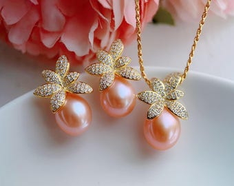 925 Silver Freshwater Pearl Earring and Necklace, Real Pearl Natrual Peach Color Jewelry Set