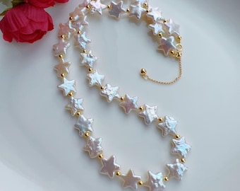 Star Pearl Necklace, Genuine Freshwater Baroque Pearls Choker, Unique 925 Sterling Silver Star Necklace