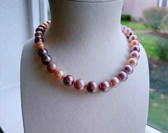AAAA Candy Color Freshwater Pearl Necklace, Large Real Pearls in Natural Peach and Pupuple, 925 Sterling Silver Infinity Clasp