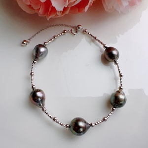 Zwarte armband en ketting met tahitiparel, 925 zilveren sieradenset met echte barokke zoutwaterparels afbeelding 1