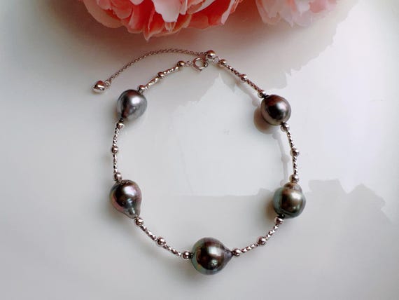 Black Tahitian Pearl Bracelet and Necklace, 925 Silver Real Saltwater Baroque Pearls Jewelry Set