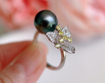 Echte Salzwasser Tahiti Perle Ring, CZ 925 Sterling Silber Ring verstellbar, Peacock grün
