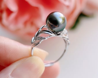 Schwarz Tahiti Perle Ring, verstellbar Sterling Silber, Pfau Glanz echte Perle Schmuck