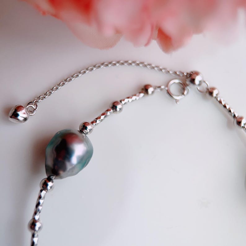 Zwarte armband en ketting met tahitiparel, 925 zilveren sieradenset met echte barokke zoutwaterparels afbeelding 4