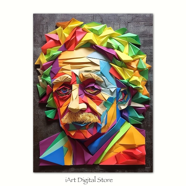 Albert Einstein Ritratto Origami 3D, dipinto cubismo, download istantaneo, opera d'arte digitale stampabile, arte moderna digitale da stampa