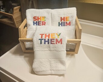 Pronoun Rainbow Hand Towel, Pride Wedding Gift