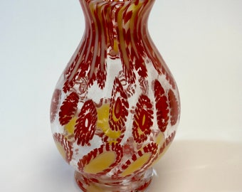 Red and cream handblown murrine glass art vase