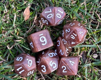 Handmade Shimmering Brown and White Dice Set: Round Edge, Resin Dice for D&D, TTRPGs