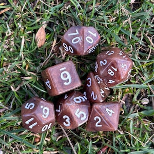 Handmade Shimmering Brown and White Dice Set: Round Edge, Resin Dice for D&D, TTRPGs