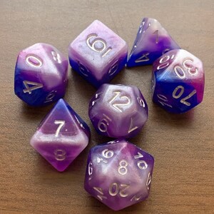 Handmade resin dice set for D&D, space themed, dungeons and dragons, round edge, imperfections