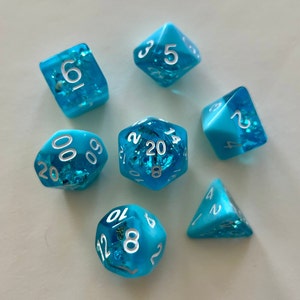 Handmade resin dice set, round edge, for DnD, dungeons and dragons, RPG, crystal blue
