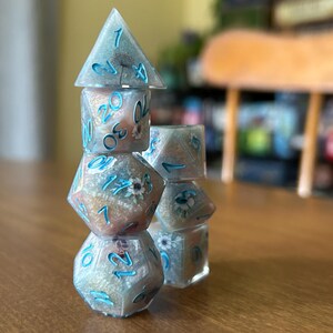 Flower dice set - handmade sharp-edge, shelled, resin polyhedral dice for D&D, TTRPG, dungeons and dragons