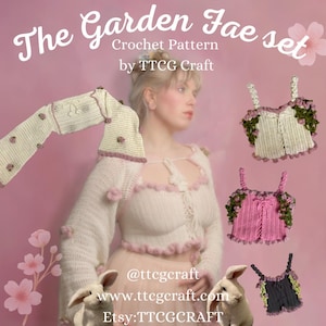 Peut inclure: Patron de crochet pour un ensemble de hauts appelé "The Garden Fae Set" par TTCC Craft. L'ensemble comprend un haut blanc avec des bordures roses, un haut rose avec des bordures vertes et un haut noir avec des bordures blanches. Tous les hauts sont crochetés avec des détails floraux délicats.