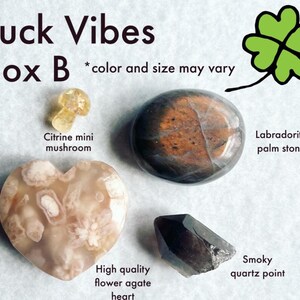 Luck Vibes (Box B), Citrine, Flower Agate Heart, Labradorite Palm Stone, Quartz Point, Crystal Gift Box, Lucky Crystals
