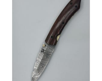 Navaja plegable de acero de Damasco hecha a mano, mango de madera de zebrano y nogal, edición limitada de 20 unidades, Hosteel Le Baou, regalo de coleccionista.