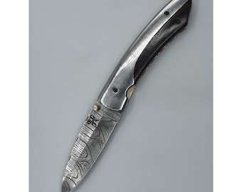 Handmade Damascus Steel Folding Pocket Knife, Stainless Steel and Rosewood Handle, Chiseled Brass Back, Limited Edition of 20 Pieces, Hosteel Le Luberon