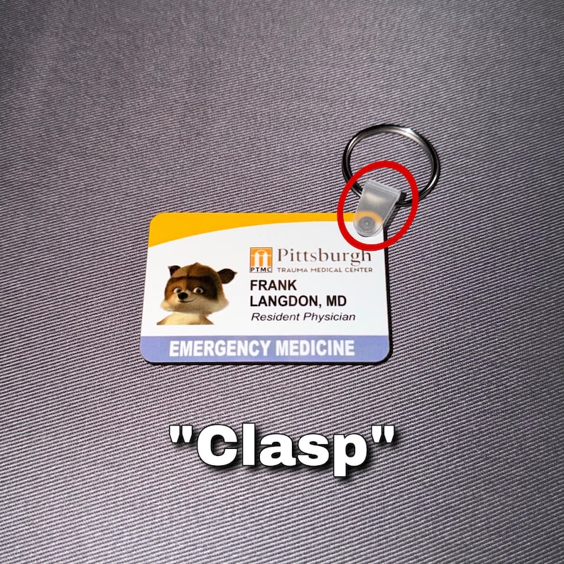 May include: A rectangular ID badge with a cartoon raccoon image, the text "FRANK LANGDON, MD, Resident Physician, EMERGENCY MEDICINE", and a Pittsburgh hospital logo. The badge is attached to a metal keyring with a clear plastic clasp.
