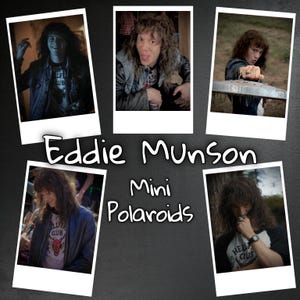 May include: A collection of five mini polaroid photos featuring Eddie Munson. The photos show Eddie in various poses, wearing a denim jacket, t-shirts, and accessories. The text "Eddie Munson Mini Polaroids" is displayed in white.