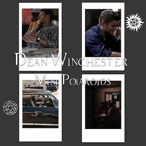 May include: A collection of four mini polaroid photos featuring Dean Winchester. The photos show Dean in various settings, including reading, smiling, and driving a car. The text "Dean Winchester Mini Polaroids" is displayed.