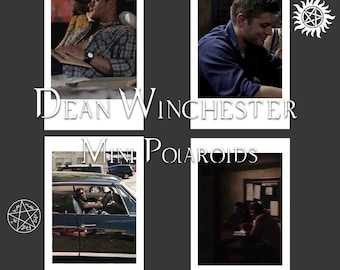 May include: A collection of four mini polaroid photos featuring Dean Winchester. The photos show Dean in various settings, including reading, smiling, and driving a car. The text "Dean Winchester Mini Polaroids" is displayed.