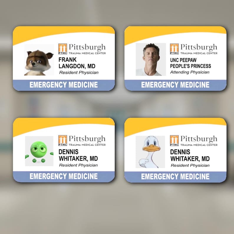 May include: Four name badges with a yellow and blue design. Each badge features the "Pittsburgh Trauma Medical Center" logo and the words "Emergency Medicine." The badges display names, titles, and cartoon images of a fox, a man, a green alien, and a duck.