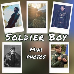 May include: A collection of five mini photos featuring the character Soldier Boy. The photos are in a polaroid style, with the text "SOLDIER BOY" and "MINI PHOTOS" in the center. The images show the character in various poses.