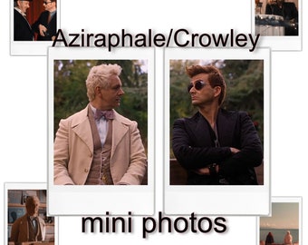May include: Polaroid-style mini photos featuring characters from a show. The central photos show two men in different outfits, one in a beige suit and the other in a black jacket. The text "Aziraphale/Crowley" and "mini photos" are also visible.